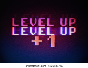 A Vaporwave Videogame Screen Illustration, With The Text Level Up Plus One (symbol And Number). Vignetted VHS Capture Effect.
