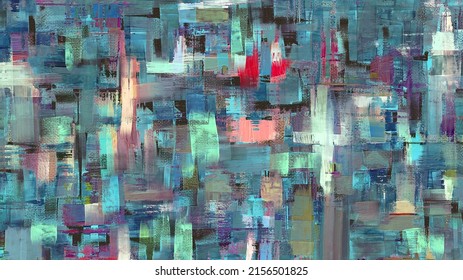 Variegated green artwork, extra large abstract turquoise oil painting on canvas. Acrylic art, artistic texture. Brush doubs and smears grungy background, hand painted red accents