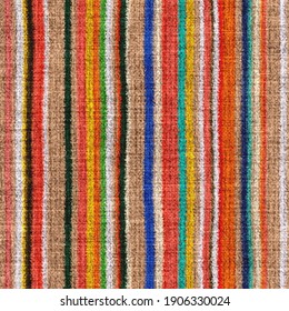 Variegated Multicolor Tapestry Stripe Woven Texture. Space Dyed Watercolor Effect Knit Striped Background. Fuzzy Thin Grungy Vertical Line Textile Material. Tufted Boucle Carpet Rug Fabric Effect.

