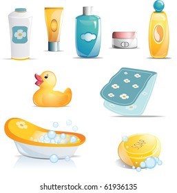 Variety Of Baby Bath Time Items Including Tub, Rubber Duck, Towel, Soap, Shampoo, Powders, Lotions And Creams.