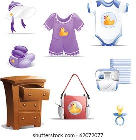 Variety Of Baby Clothing Items Including Baby Bonnet, Outfit, Ones-ie, Booties, Diaper Bag, Diapers And Dress