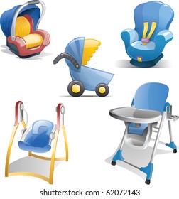 Variety Of Baby Gear Icons Including Baby Carrier, Car Seat, Stroller, Swing And High Chair.