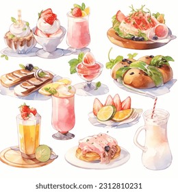 variety of cute watercolor cartoon elements of French cuisine, clear white background - Powered by Shutterstock