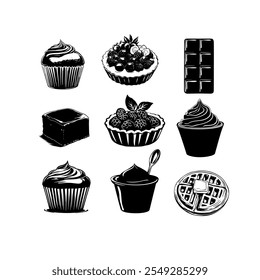 Variety of desserts including cupcakes, tarts, and chocolate displayed on a white background - Powered by Shutterstock