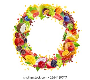 Variety Of Fruits Berries, Tropical Fruits Assortment 3D Border. Assorted Fresh Fruits Berries Round Banner, Multi Vitamin Complex Collage Isolated On White Background. Vitamin Juice Layout Design Mix