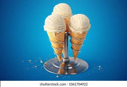Variety of vanilla ice cream scoops in cones on a metal stand isolated on blue background. 3d Illustration