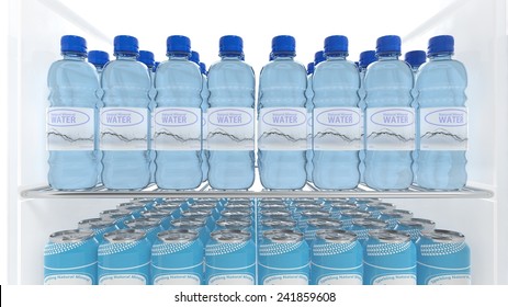 Various 3D water containers on refrigerator shelve