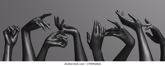 Various abstract hands elegant gesture, black mannequin hands concept background 3d rendering
