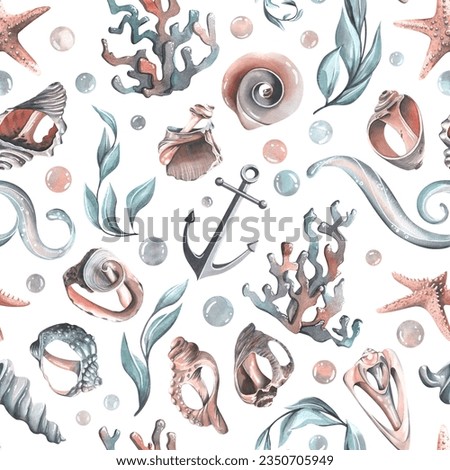 Various broken seashells and starfish on a white background. Watercolor illustration. Seamless pattern from the collection of WHALES. For fabric textiles, wallpaper, packaging, beach and summer prints