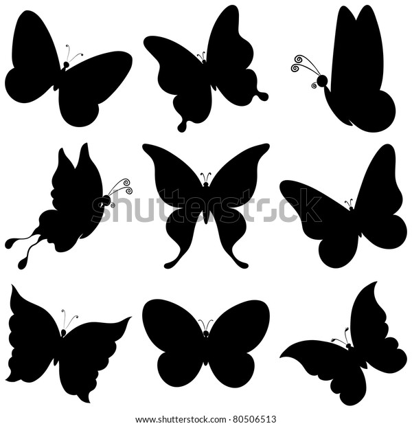 Various Butterflies Black Silhouettes On White Stock Illustration ...