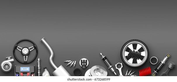 Verschiedene Autoteile und Zubehör einzeln auf grauem Hintergrund. 3D-Illustration