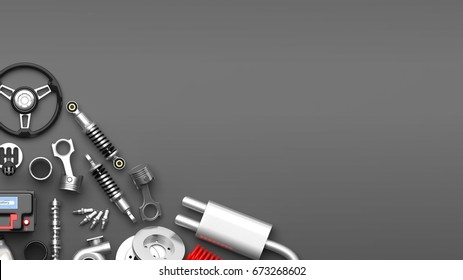 Various car parts and accessories, isolated on gray background. 3d illustration - Powered by Shutterstock