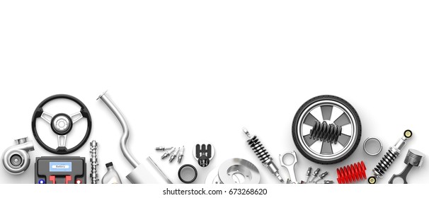 Verschiedene Autoteile und Accessoires einzeln auf weißem Hintergrund. 3D-Illustration