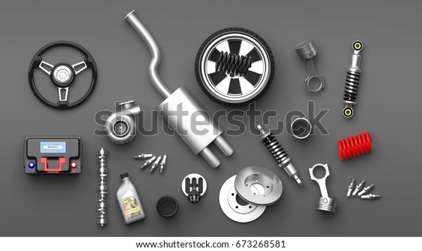 Various car parts and accessories, isolated\
on gray background. 3d\
illustration