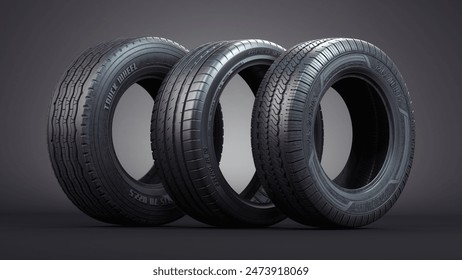 Various car tires with different tyre tread pattern on black background. 3d illustration - Powered by Shutterstock