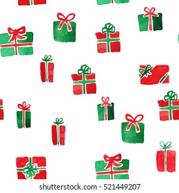 Various Christmas Presents In Red And Green Colors. Seamless Pattern. Watercolor Illustration.