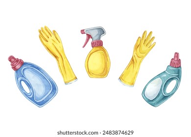 Various cleaning supplies including gloves, spray bottles, and detergent. Watercolor clipart to be used for product labels, cleaning service advertisements, and home cleaning checklists, housekeeping - Powered by Shutterstock