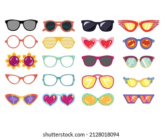 Various Colorful, Cute, Fancy, Sunglasses On White Background