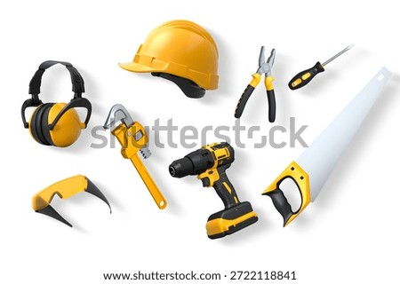 Various construction and safety tools including helmet, drill, pliers, and goggles isolated on white background with clipping path, concept of labor gear