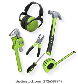 Various construction tools like hammer, pliers, screwdriver, and tape measure, isolated on white background with clipping path, concept of home repair