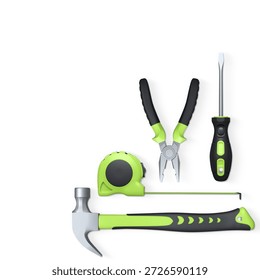 Various construction tools like hammer, pliers, screwdriver, and tape measure, isolated on white background with clipping path, concept of home repair