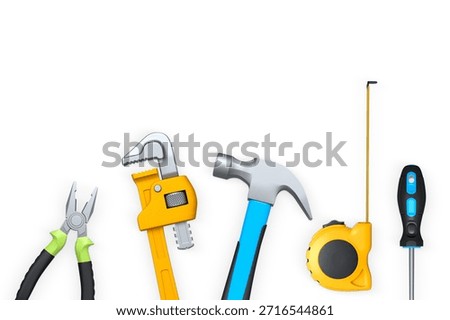Various construction tools like hammer, pliers, screwdriver, and tape measure, isolated on white background with clipping path, concept of home repair