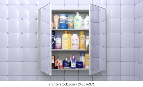 Various Cosmetics And Personal Care Products In Bathroom Cabinet 
