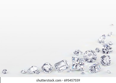 Various cut diamonds laying on white background along the corner of the image. Close-up view, 3D rendering illustration
