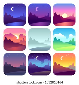 Various Day Times. Early Morning Sunrise And Sunset, Noon And Dusk Night. Sun And Moon Time Countryside Landscape Icons