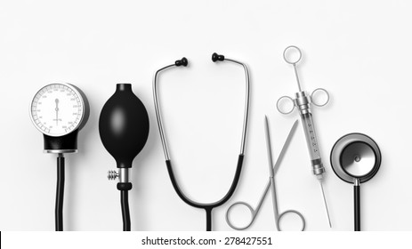 Various doctor medical equipment isolated on white background