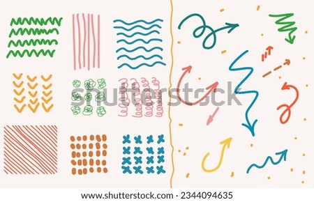 Various Doodle Sketch Arrows, Shape Direction Pointers and Objects. Colored lines, curves, dots, spirals are drawn by hand. Brush stroke style. Hand drawn abstract texture set.