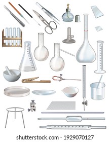 Various Elements Of Laboratory Equipment, Pipettes, Burets, Flasks, Tweezers, Etc.