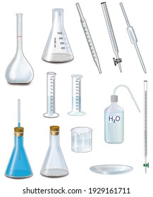 Various Elements Of Laboratory Equipment, Pipettes, Burets, Flasks, Tweezers, Etc.