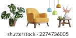 Various elements for use in interior design, isolated on white background. 3D render. 3D illustration.