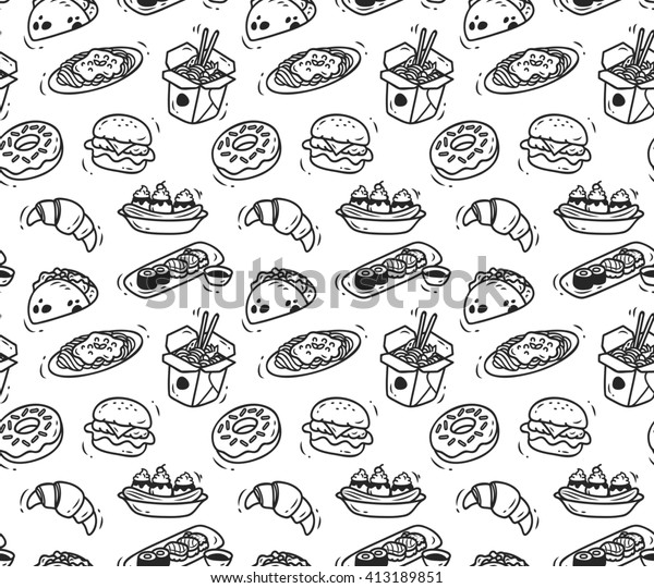 Various Food Doodle Seamless Background Suitable Stock Illustration