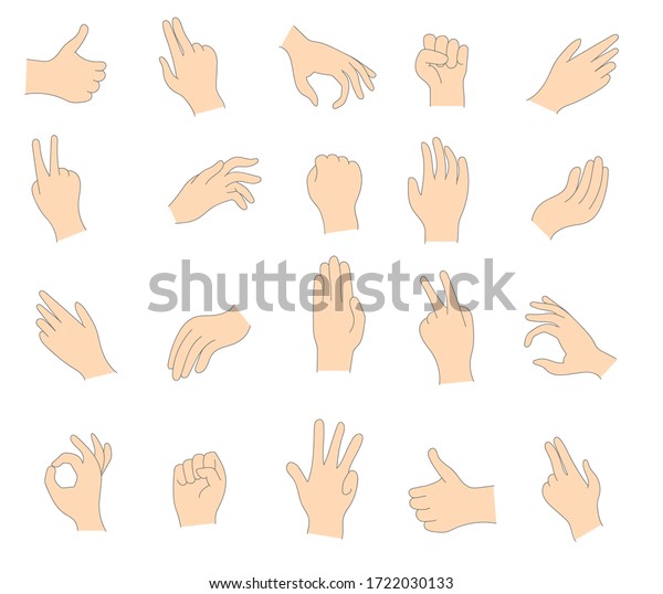 白い背景に人の手のさまざまなジェスチャー 女性と男性の手のイラスト 手のひらの組み合わせで 様々な仕草を表す 手のひらが何かを指差している のイラスト素材
