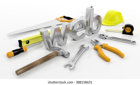Various hand tools with 3D word Web, isolated on white background.