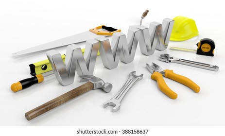 Various hand tools with 3D WWW  text, isolated on white background.
