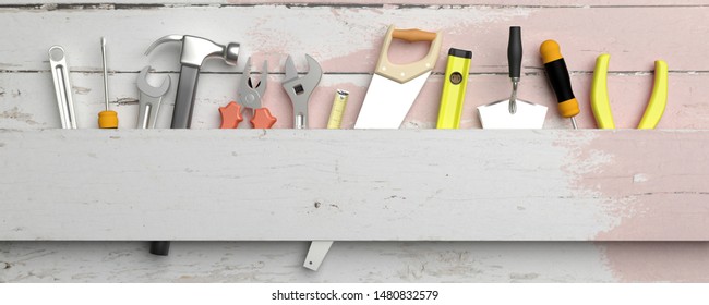 Various Hand  tools withcopy space on a background. 3d illustration