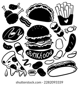 Various junk food doodle silhouette