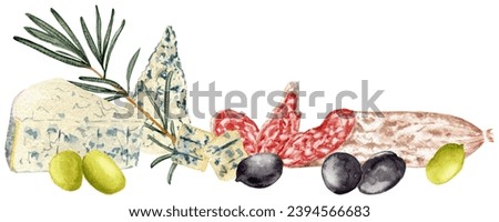 Various olives. Rosemary branch. Slices of sausage fuet with white mold. Varieties blue cheese. Clipart. Watercolor, art illustration isolated. For cards, menus, posters.