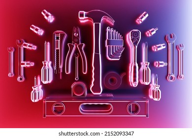 Various  pink working tools for construction, repair on  monocrome background. Screwdriver, level, electrical tape, hammer, knife, scissors, wrench, etc. 3D illustration