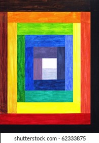 Various shades of color rectangle bars lead slowly towards the center in this painting.