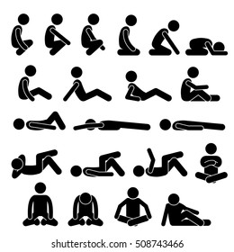 Various Squatting Sitting Lying Down On The Floor Postures Positions Human Man People Stick Figure Stickman Pictogram Icons