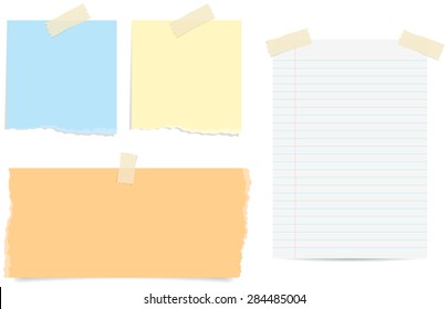 Various styles of torn and lined paper notes with tape