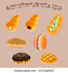 Various Taiwan style sweet breads.Meat floss bun, 
scallion bun, strawberry sandwich bread, chocolate bread, cream bread, 
pineapple bread.