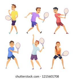 Various tennis players. characters in action poses. Illustration sport player tennis with racket, male and female action