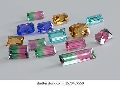 Various tourmaline gemstones on white background. 3D illustration