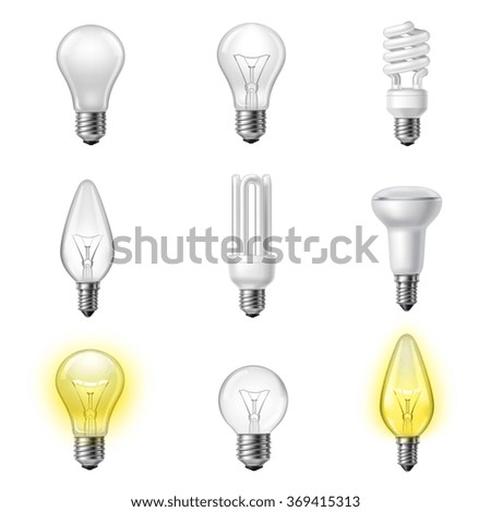 Various types realistic lightbulbs set