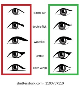 Various Types Of Woman Eyes With Eyeliner On White Background. Set Of Different  Eye Shapes. Bad And Good Makeup. Collection Of Illustrations With Captions. Makeup Type Info Graphic.